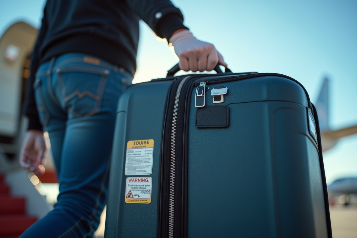 Chargement de bagages avec étiquettes de liquide par un manutentionnaire