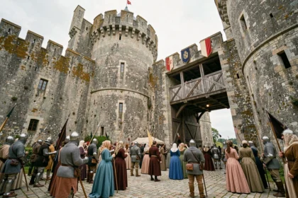 Reconstitution médiévale dans la cour d'un château fort français avec chevaliers en armure et visiteurs en costumes d'époque lors d'un grand événement historique 2026