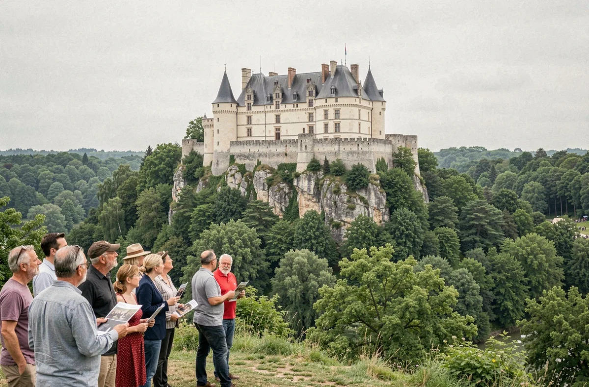 Touristes admirant un château fort médiéval français perché sur une colline lors d'un festival du patrimoine historique en 2026