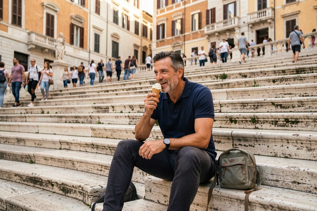 Touriste se reposant sur les marches de la Piazza di Spagna à Rome avec un gelato