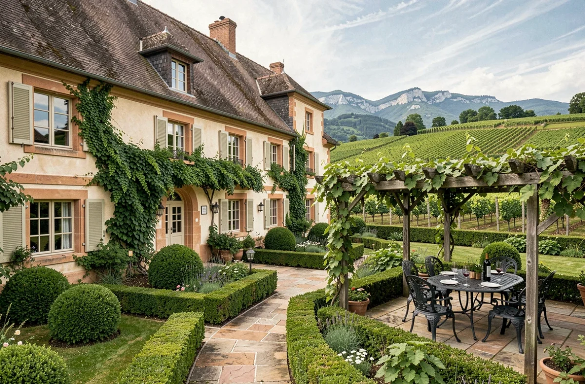 Le Clos des Délices à Ottrott, avec pergola couverte de vigne, terrasse en fer forgé et vignobles de la Route des Vins en arrière-plan