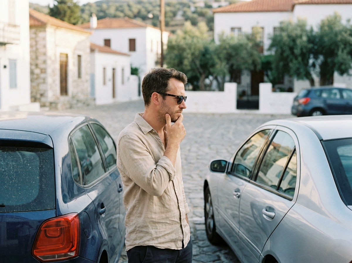 Homme comparant une voiture compacte et une berline garées dans un village insulaire aux ruelles pavées