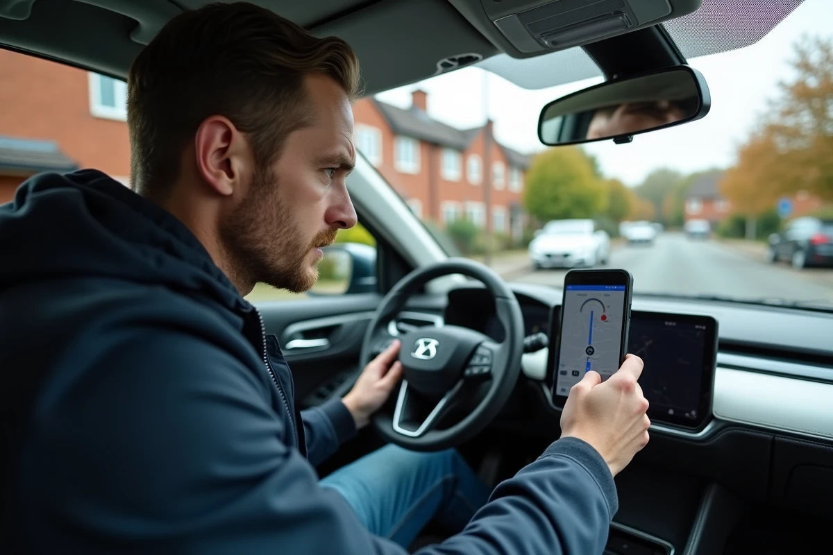 Conducteur frustré regardant une application de navigation avec une mauvaise direction sur smartphone dans sa voiture