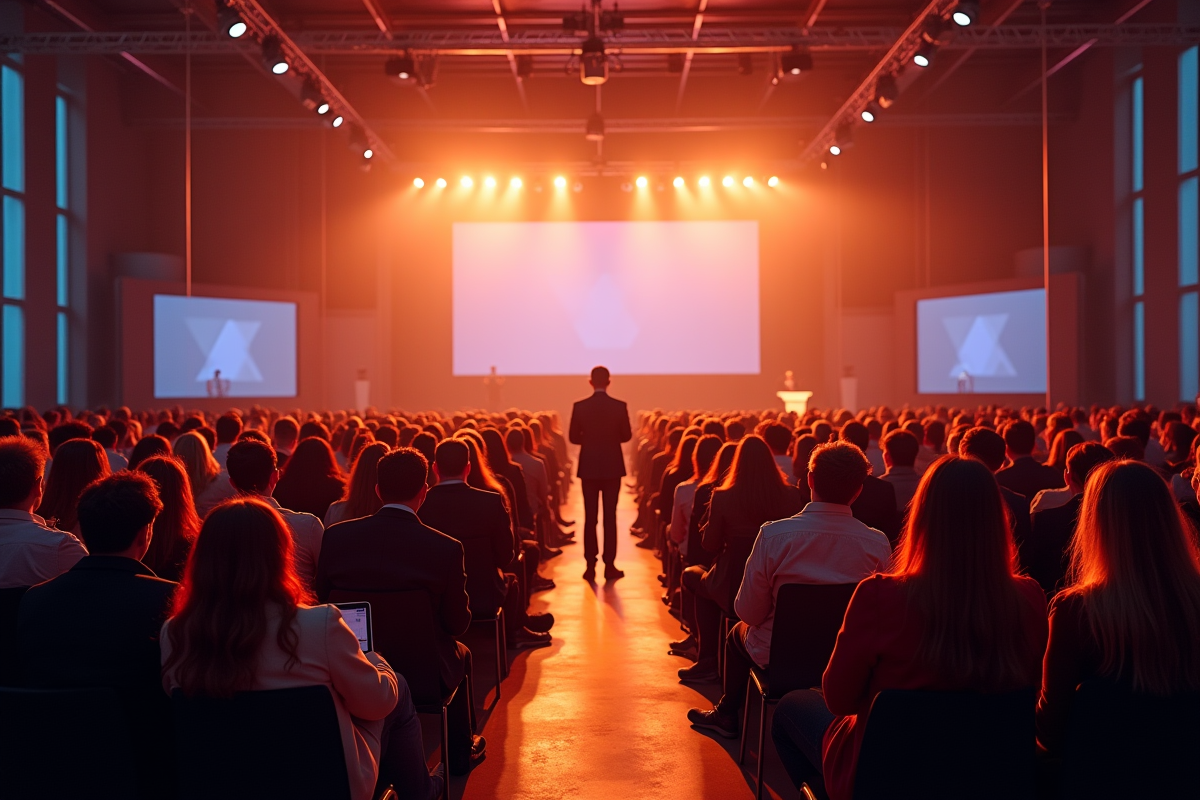 Conférence moderne avec un public attentif dans une salle lumineuse