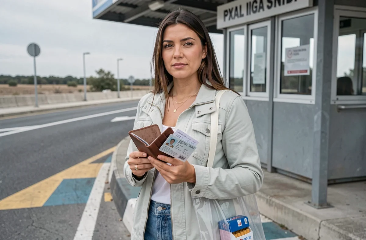 Femme présentant sa carte d'identité et son reçu douanier à un poste frontière espagnol avec une cartouche de tabac