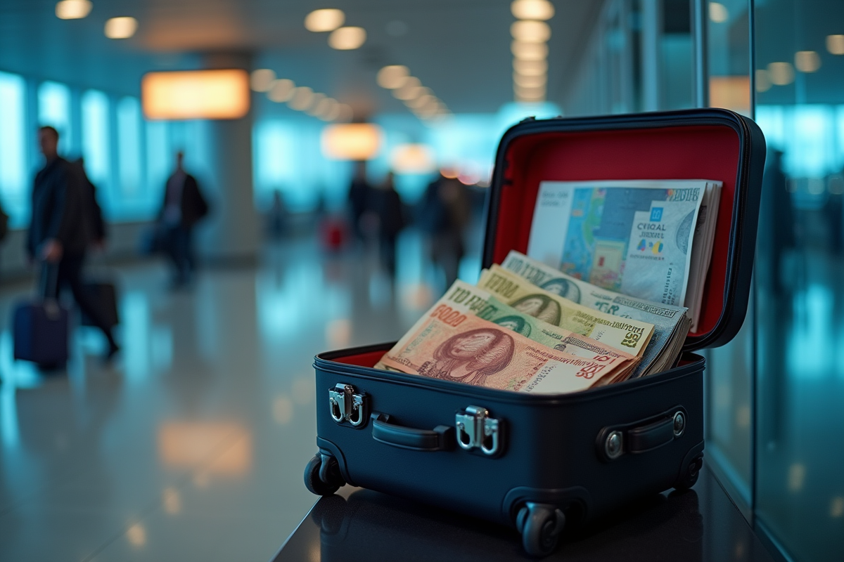 Contrôle de sécurité aéroport avec valise ouverte montrant des devises et un guide de voyage