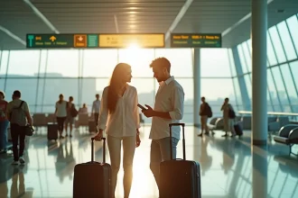 Couple français à l'aéroport de Lyon prêt à embarquer pour un vol tout compris vers la République Dominicaine