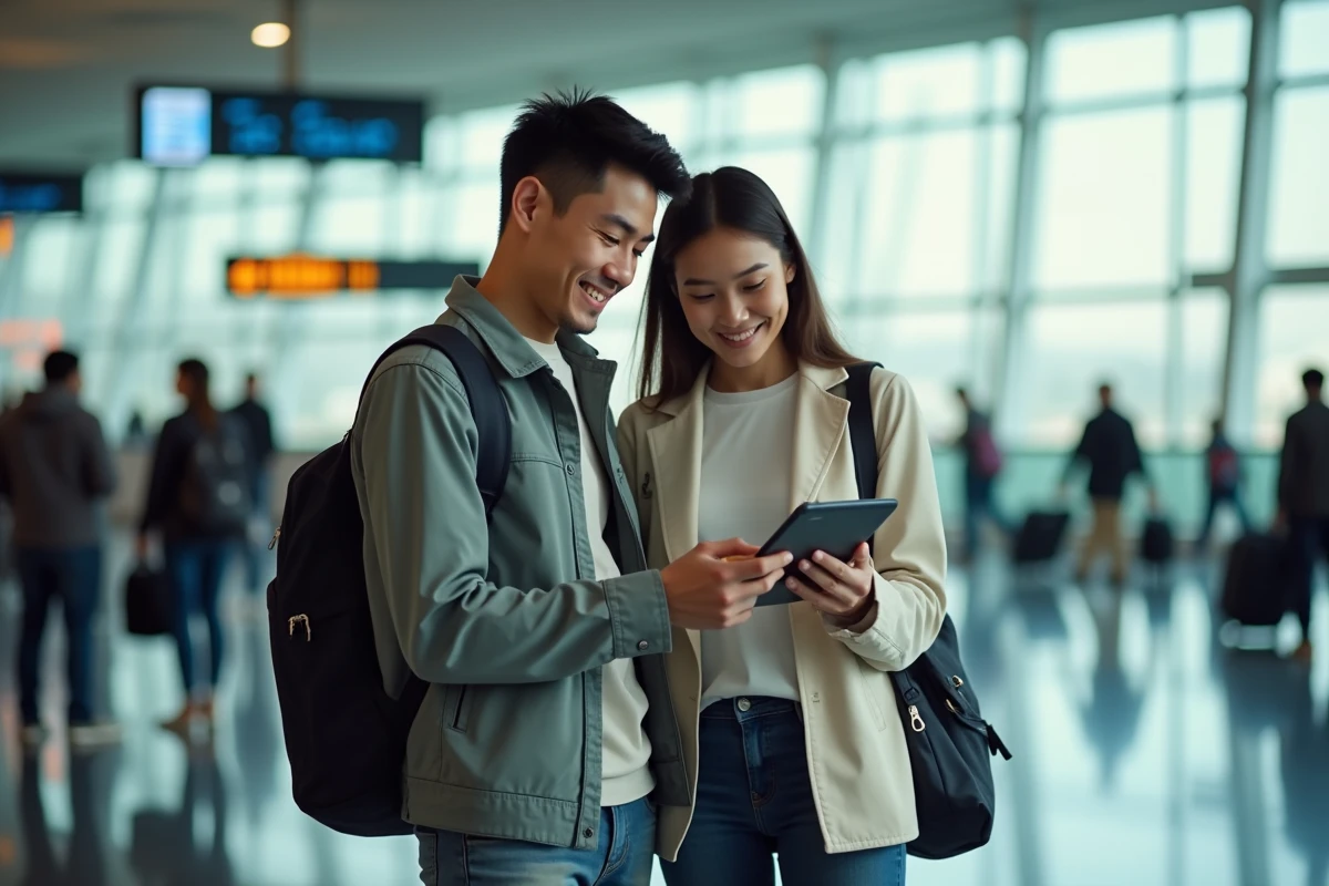 Couple consultant une confirmation de réservation et les conditions d'annulation Get Your Guide dans un aéroport