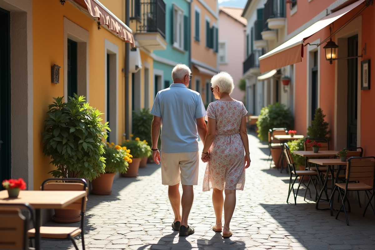 Couple âgé se promenant dans une vieille ville européenne