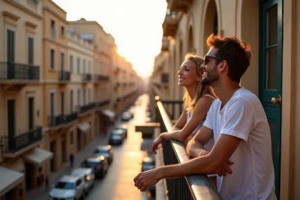 Couple sur balcon à Paceville au lever du soleil