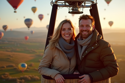 Jeune couple souriant dans une nacelle de ballon au lever du jour