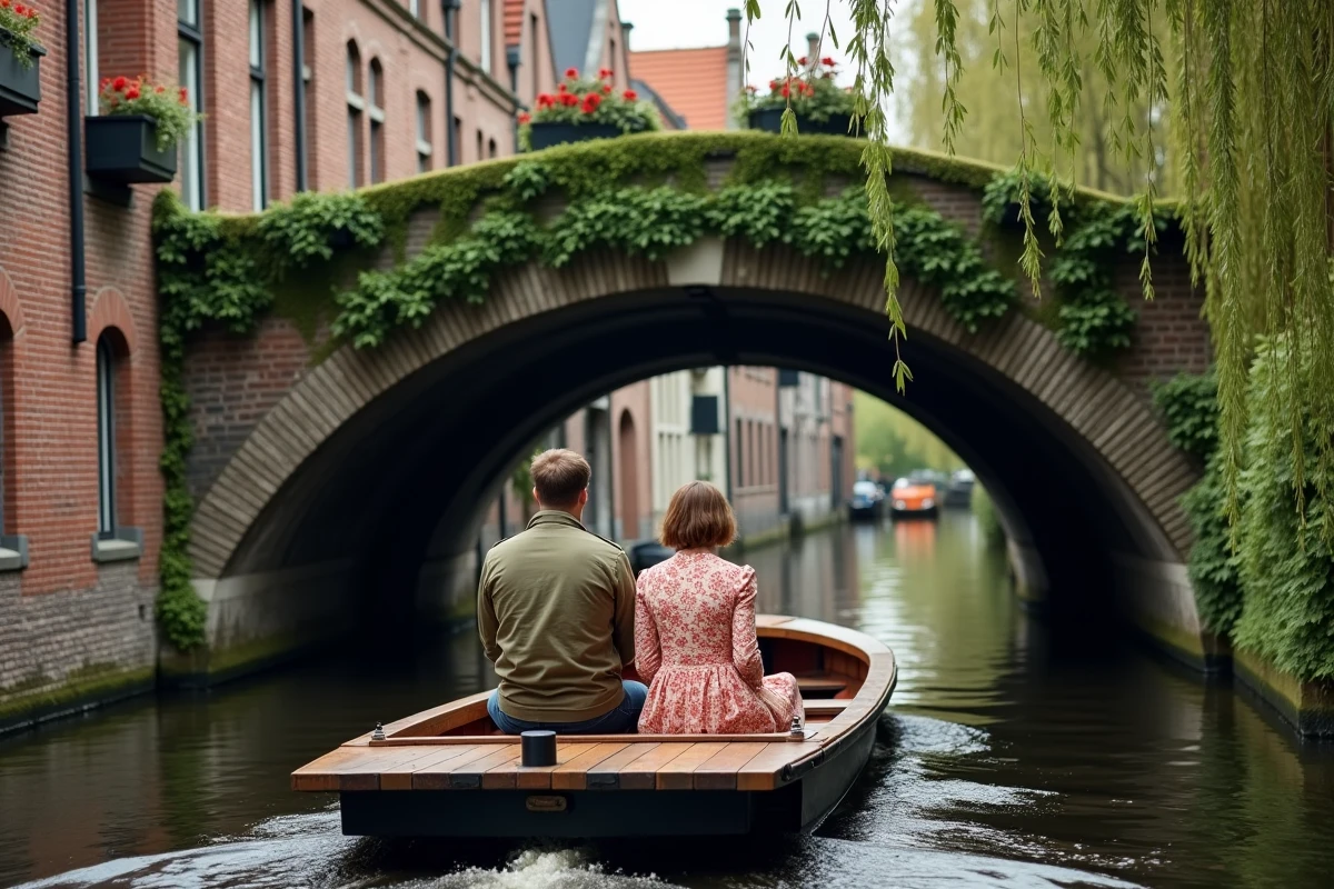 Couple en bateau sur les canaux de Gand au printemps sous les façades à pignons à gradins flamands