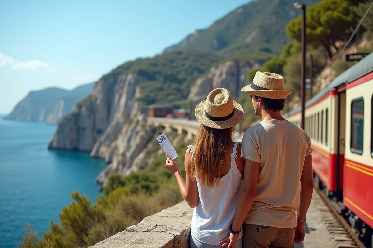 Couple tenant un billet de train imprimé sur le quai d'une gare pittoresque de la ligne Île-Rousse Calvi en Corse