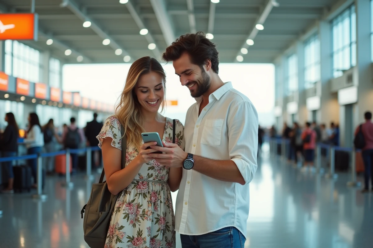 Couple de voyageurs découvrant un bon plan Transavia sur smartphone devant un comptoir d'enregistrement à l'aéroport
