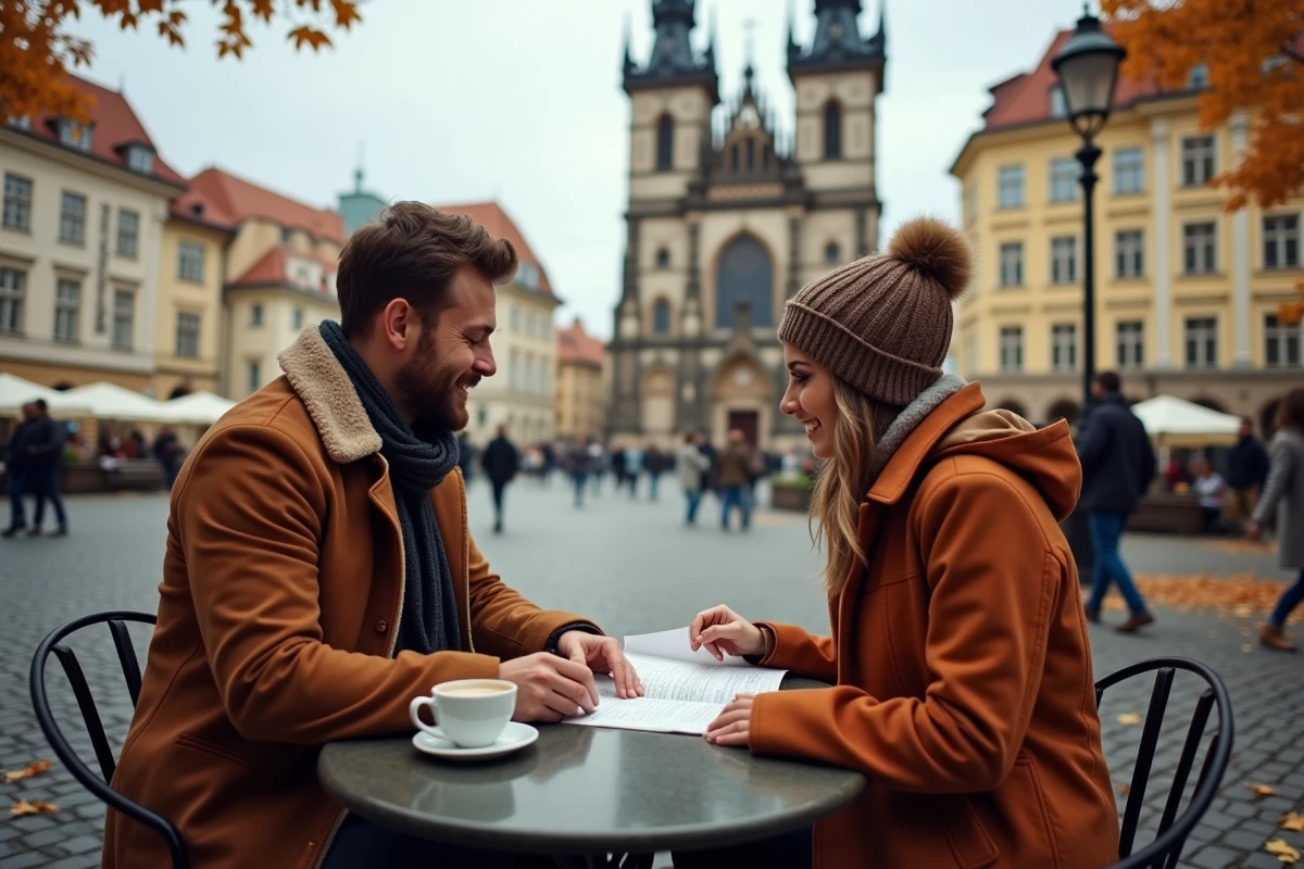 Couple consultant un itinéraire de voyage à une terrasse de café sur la place de la Vieille Ville de Prague en automne