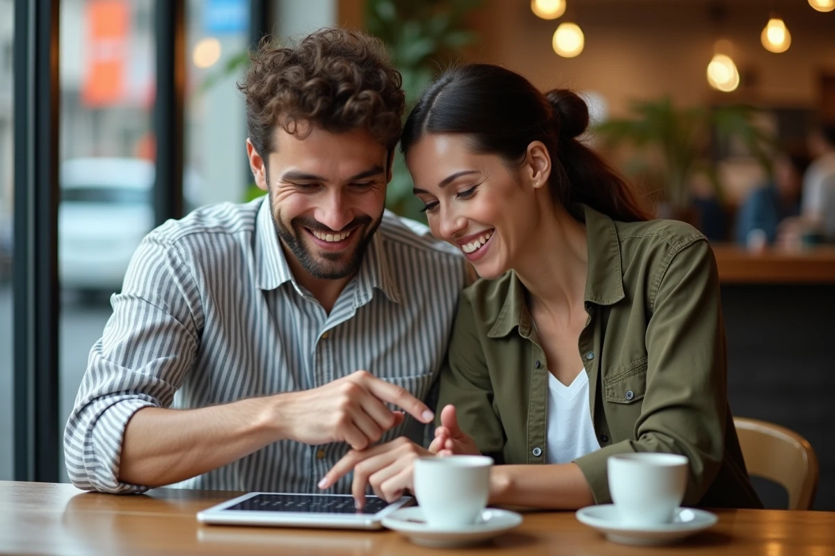 Couple analysant le calendrier des prix bas sur Google Flights depuis une tablette dans un café