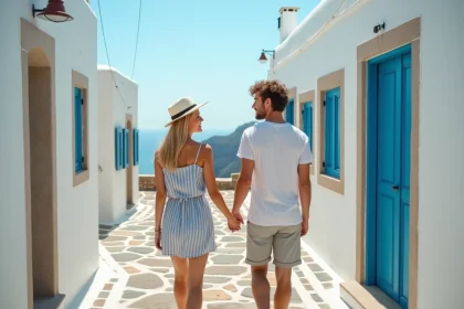 Jeune couple se promenant dans Akrotiri avec maisons blanches et caldeira