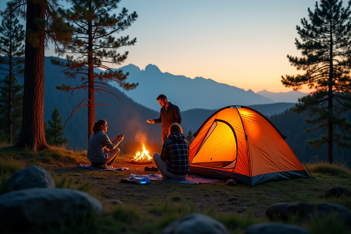 Couple installant une tente en forêt au coucher du soleil
