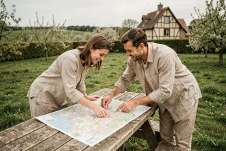 Couple consultant une carte routière de Normandie posée sur une table en bois dans la campagne normande