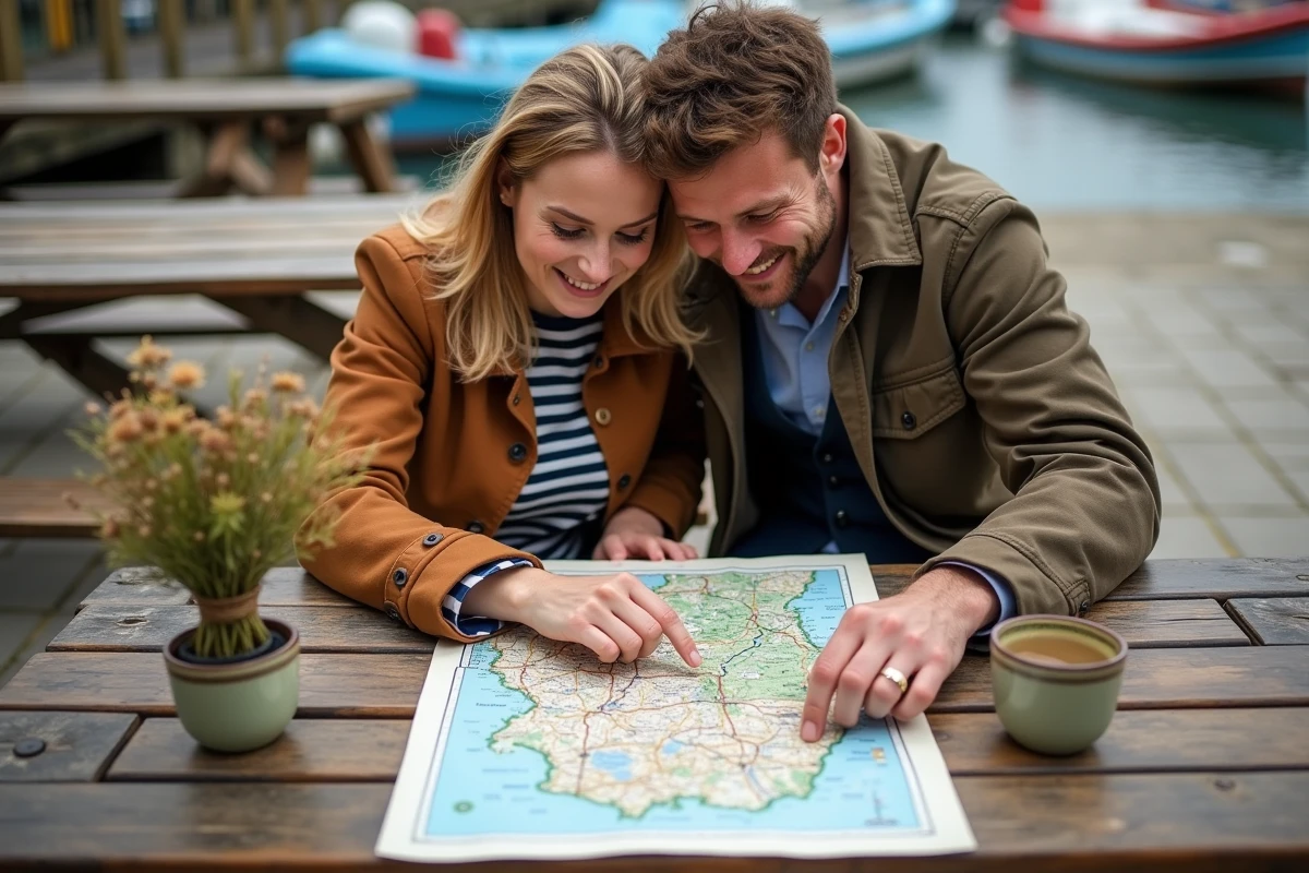 Couple planifiant un itinéraire sur une carte de Normandie à la terrasse d'un café en bord de mer