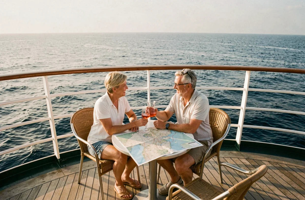 Couple en croisière méditerranéenne partageant un verre de rosé sur le pont d'un navire