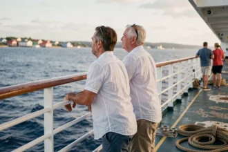 Couple à la poupe d'un bateau de croisière observant le port qui s'éloigne lors d'un week-end en mer