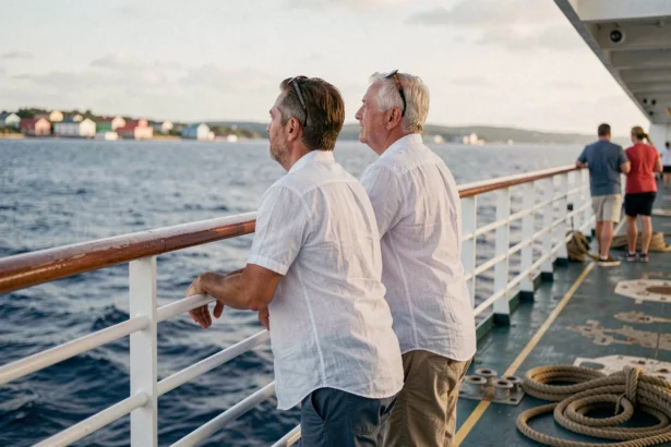 Couple à la poupe d'un bateau de croisière observant le port qui s'éloigne lors d'un week-end en mer