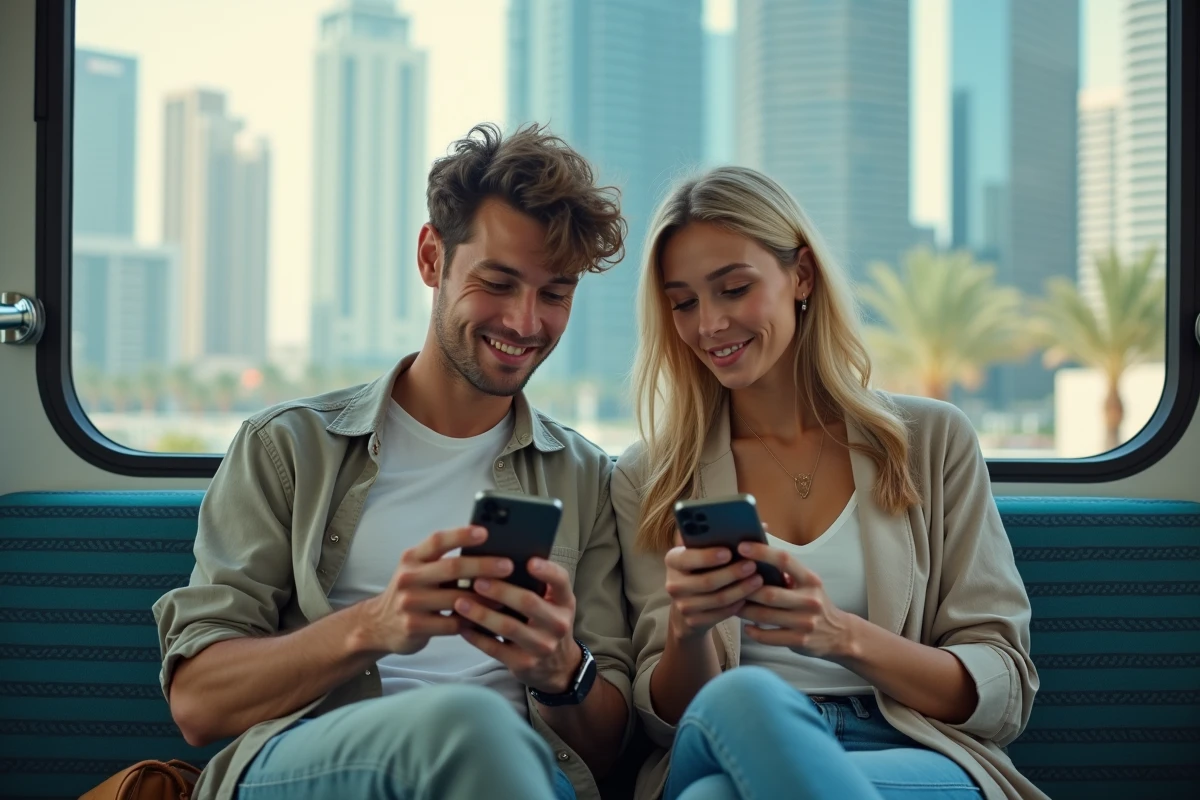 Couple de voyageurs surpris par le décalage horaire Paris Dubaï dans le métro de Dubaï, comparant l'heure sur leurs téléphones