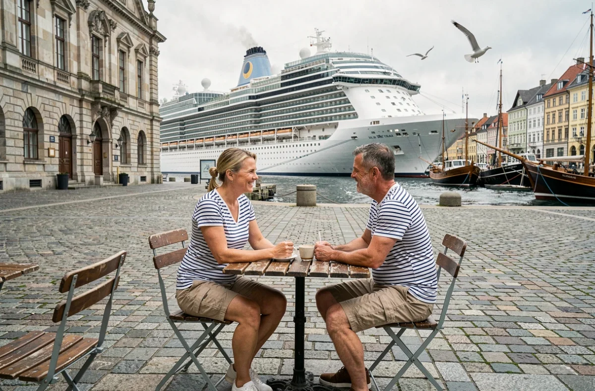 Couple en escale dans un port nordique avec un bateau de croisière amarré en arrière-plan