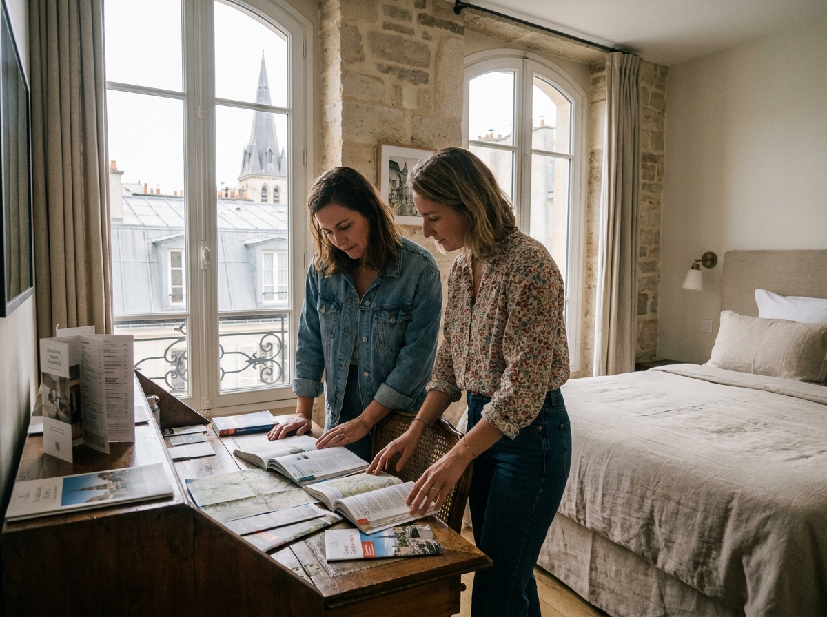 Couple de femmes planifiant un voyage LGBTQ+ friendly dans une chambre d'hôtel parisienne avec vue sur les toits