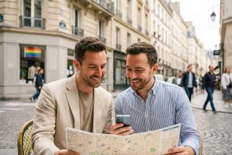 Couple gay planifiant leur séjour LGBTQ+ à Paris en terrasse de café dans le quartier du Marais