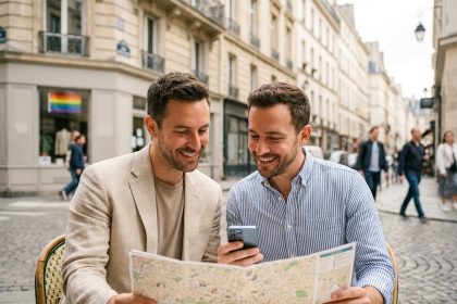 Couple gay planifiant leur séjour LGBTQ+ à Paris en terrasse de café dans le quartier du Marais