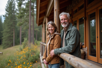 Couple souriant dans un lodge entouré de pins