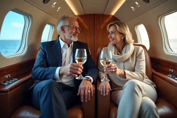 Couple élégant dans un jet privé en voyage d'affaires