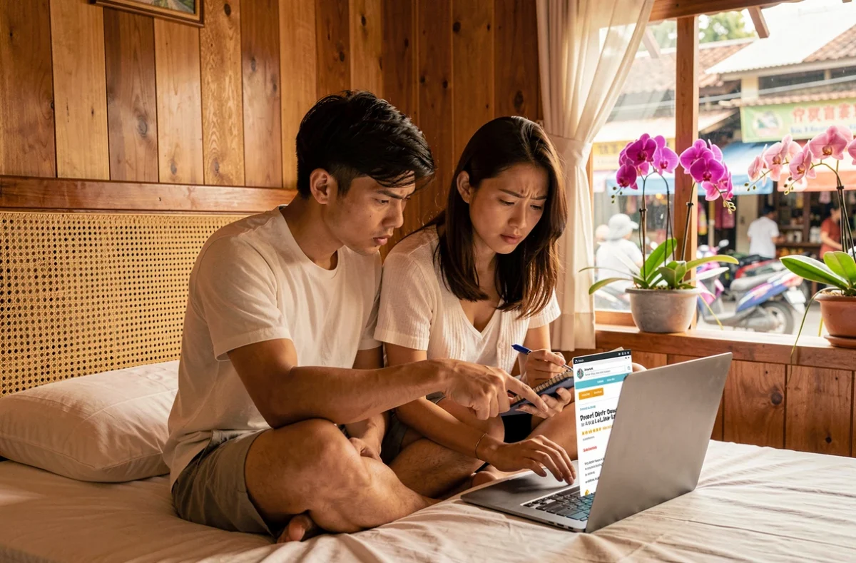 Couple examinant des offres de billets gratuits pour la Thaïlande sur ordinateur portable dans une chambre de guesthouse à Chiang Mai