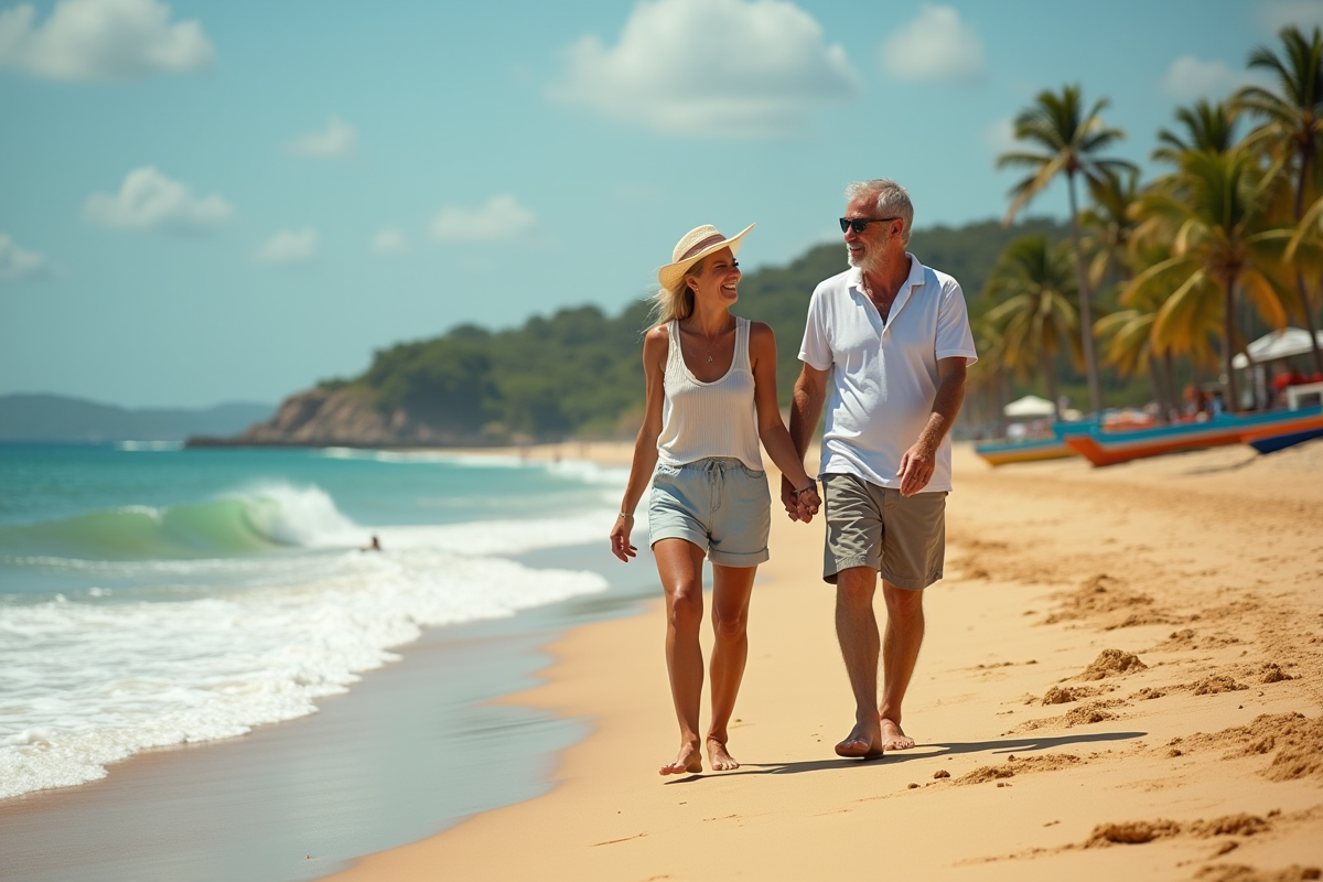 Couple marchant sur la plage au Brésil en été