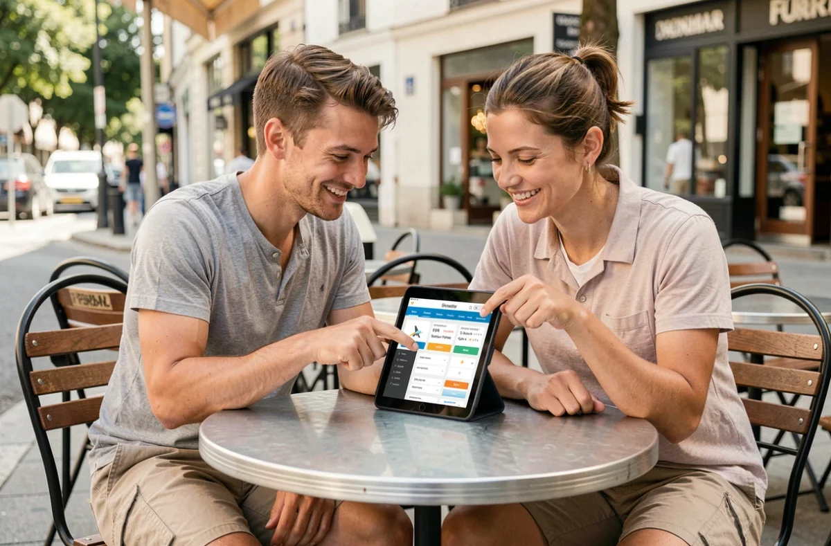 Couple planifiant leurs vacances en comparant des vols sur Leclerc Voyages depuis une terrasse de café