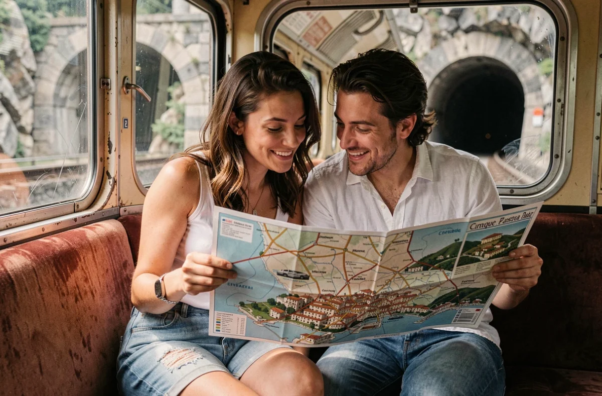 Couple dans un train régional italien consultant une carte touristique des Cinque Terre
