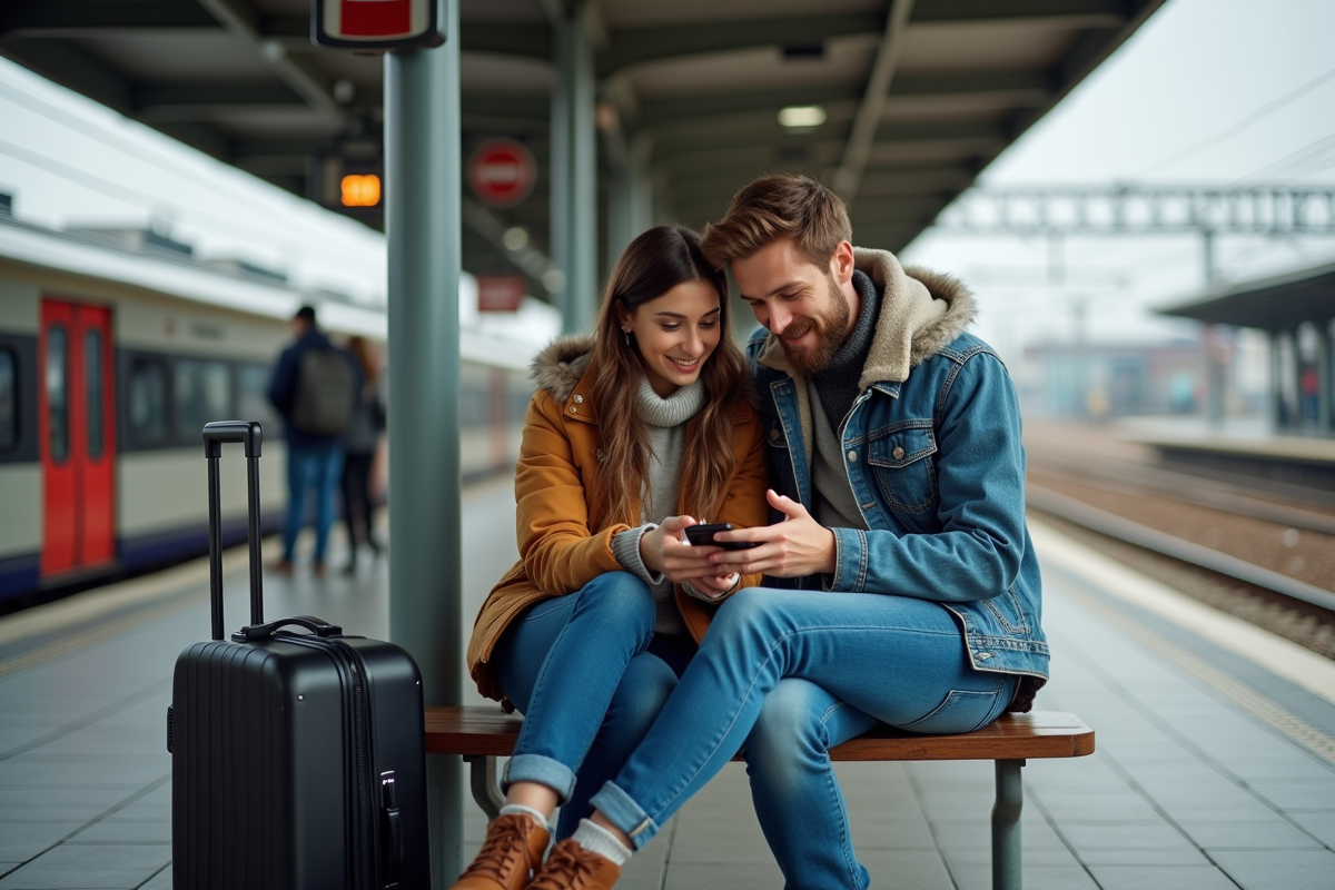 Jeune couple recherchant des voyages sur un smartphone à la gare