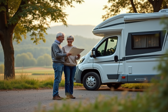 Couple de retraités avec camping-car en nature