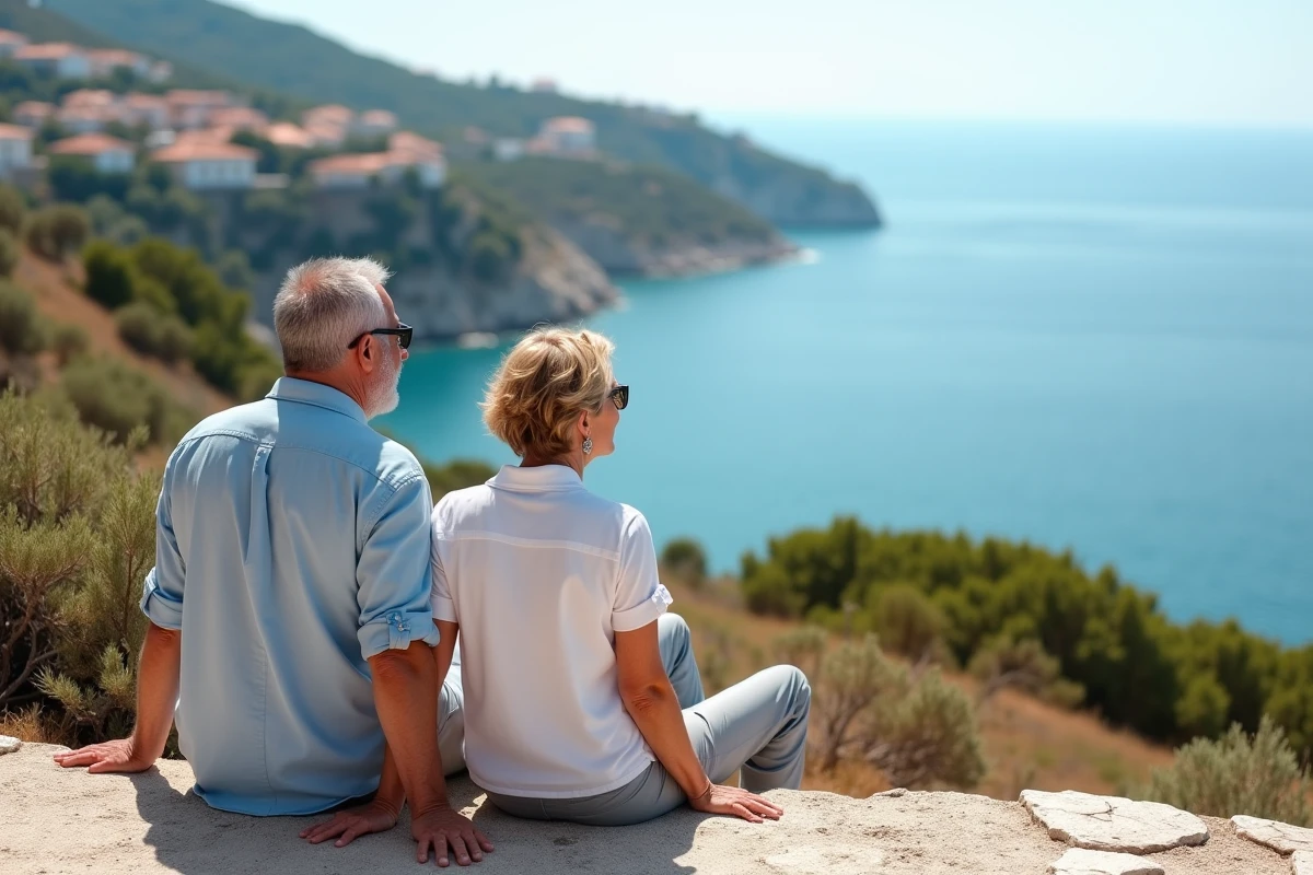 Couple assis sur un rocher avec vue sur la mer