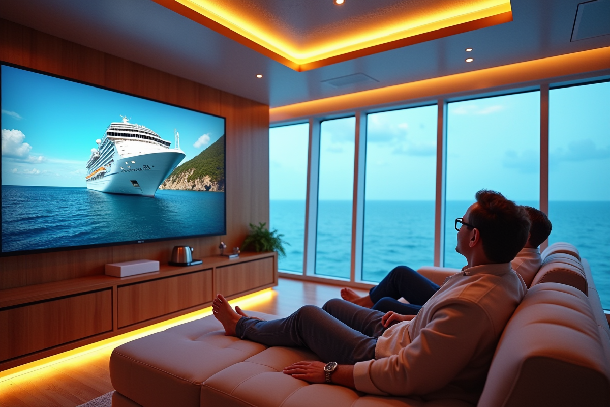 Couple relaxant dans un salon de croisiere avec vue sur la mer