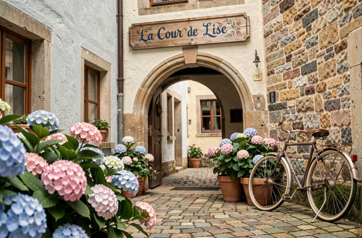 Cour intérieure de La Cour de Lise à Willgottheim, avec hortensias en fleurs, pavés anciens et enseigne peinte à la main