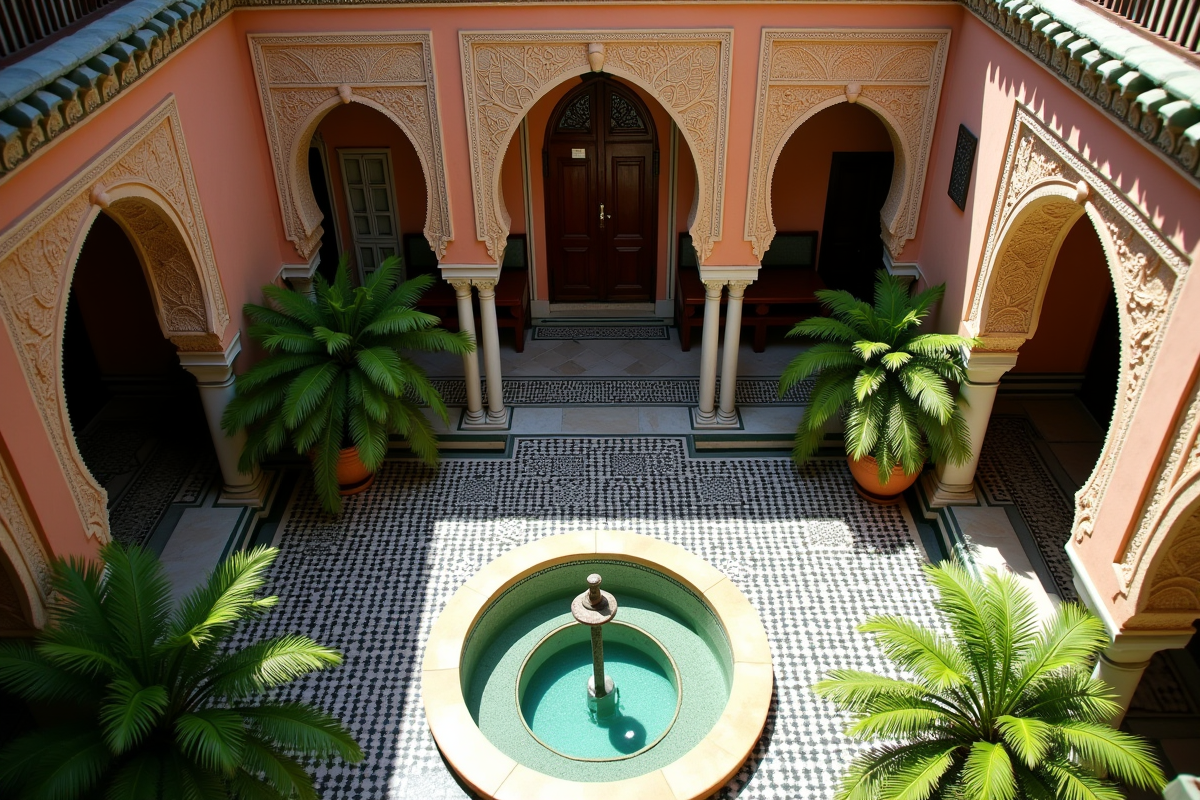 Vue aérienne d'une cour de riad marocain avec zelliges et fontaine