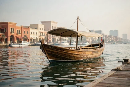 Dhow traditionnel naviguant sur la Crique de Dubaï avec les souks historiques de Deira en arrière-plan