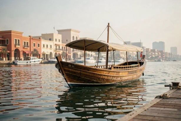 Dhow traditionnel naviguant sur la Crique de Dubaï avec les souks historiques de Deira en arrière-plan