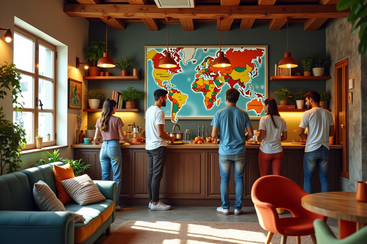 Espace cuisine convivial avec voyageurs et décoration colorée