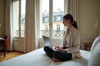 Femme travaillant sur son ordinateur portable dans une chambre d'hôtel parisienne avec vue sur les toits haussmanniens lors d'une daysue