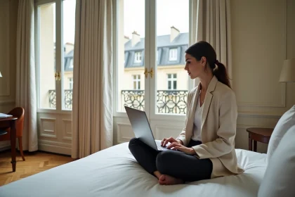 Femme travaillant sur son ordinateur portable dans une chambre d'hôtel parisienne avec vue sur les toits haussmanniens lors d'une daysue