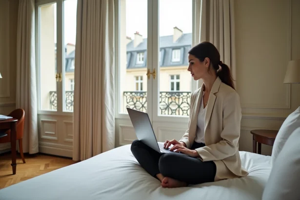 Femme travaillant sur son ordinateur portable dans une chambre d'hôtel parisienne avec vue sur les toits haussmanniens lors d'une daysue